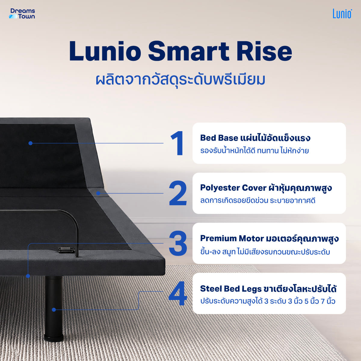 เตียงปรับระดับไฟฟ้า+กรอบเตียง 5 ฟุต LUNIO SMART RISE ADJUSTABLE BED + LUNIO ATLAS ADJUSTABLE BED FRAME GRAY_1